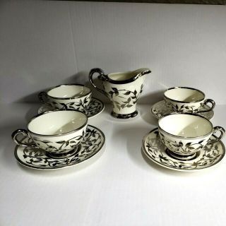 Myott & Son Set Of 4 Cup Saucer & Creamer Silver Luster Hand Painted England