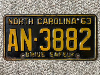 1963 North Carolina Nc Drive Safely License Plate Tag An - 3882 Vintage Black