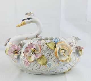 Vintage Swan Fiori Antico Ardalt Italy 5639 Capodimonte Dish Planter Floral