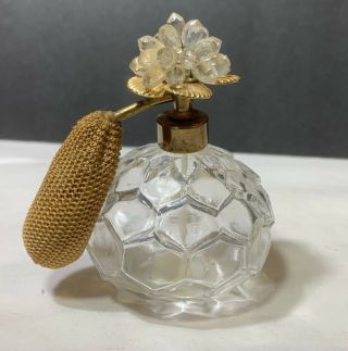 Vintage I.  W.  Rice Clear Ribbed Spray Perfum Bottle Atomiser Flower On Top