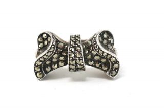 Lovely Antique Art Deco Sterling Silver 925 Marcasite Ribbon Ring Size T 113