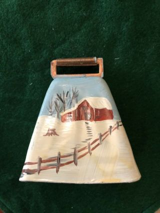 Vtg Solid Brass Cow Bell,  Hand Painted Snowy Winter Scenes,  3 "