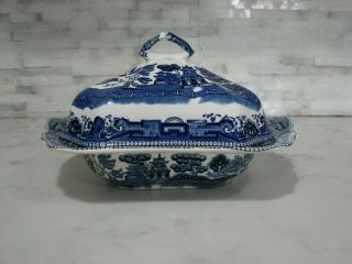 Buffalo Pottery 1911 Semi - Vitrecous Blue & White Serving Dish W/ Covered Lid