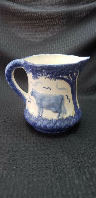Cash Family/clinchfield Artware Pottery Cow Pitcher Blue & White 7 Inches Tall