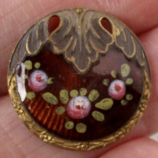 7/8 " Antique Gin Bari Enamel On Cast Brass Button W Hand Painted Flowers