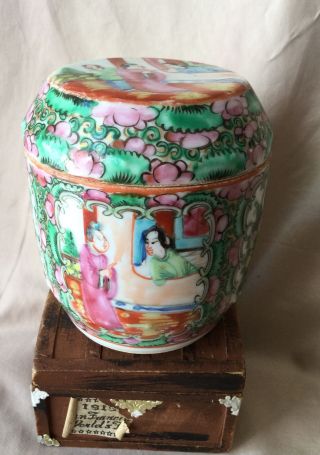 Old Chinese Porcelain Tea Caddy W/ Lid Canton Famille Rose Hand Painted Enamel