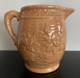 Antique Brush Mccoy 1930’s Water Lily Pitcher With Koi Fish Handle