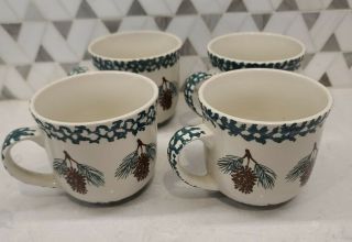 Tienshan Folk Craft Green Pine Cone Coffee Mugs Cups Set Of 4 Sponge Ware