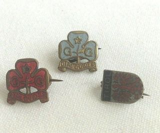 Antique Vintage Enamel Girl Guides Badges Pin X 2 & Tirol Badge X 1 Red & Blue