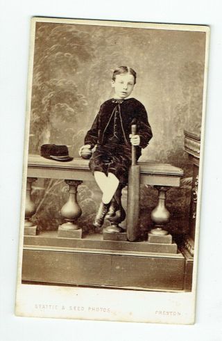 Victorian Cdv Photo Boy Holding Cricket Bat & Ball Preston Photographer