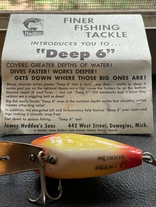 Heddon Deep 6,  Vintage Crank Bait And Papers.