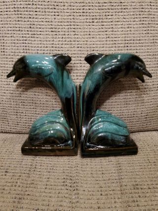 Blue Mountain Pottery Canada Teal Green Drip Glaze Dolphin Bookends
