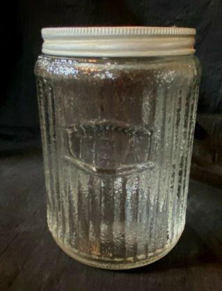 Vintage Glass Tea Canister Jar W Lid Hoosier Cabinet W Narrow Rib 4 - 3/4 " Tall