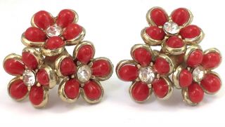 Vintage Flower Earrings Cherry Red Clear Rhinestone Floral Screw Back Style