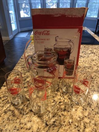 Vintage Glass With Red Letters Coca Cola Pitcher And 4 Glasses Made In Usa