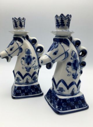 Vintage Pair Signed Russian Gzhel Hand Painted Porcelain 7 " Candlesticks