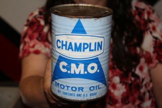 Vintage Champlin C.  M.  O.  Motor Oil 1 Quart Metal Can Gas Station Sign