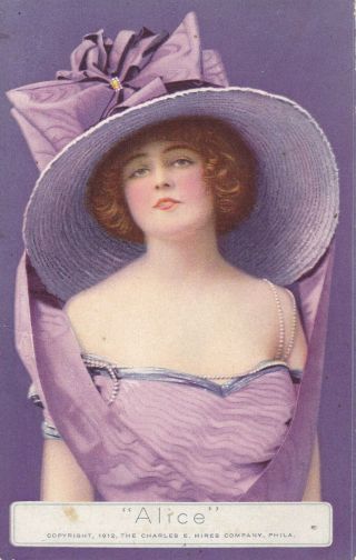 Vintage Advertising Lady Alice Postcard Hires Rootbeer Purple Hat And Dress
