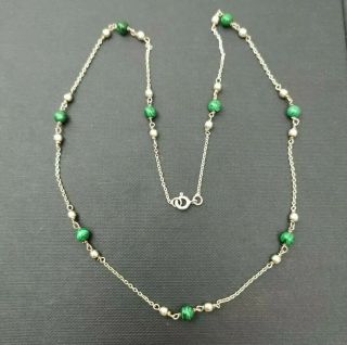 Vintage 925 Sterling Silver Emerald Green Malachite Ball Bead Necklace 18 " Chain