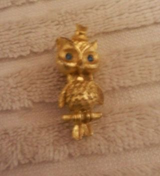 Vintage Mamselle Owl W/top Hat Brooch / Pin Blue Rhinestone Eyes Gold Tone