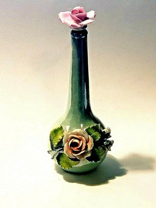 Vintage - Antique Germany Porcelain Scent Bottle - Applied Roses & Leaves - Rose Cap