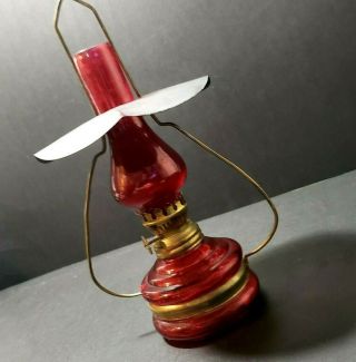 Vintage Ruby Red Glass & Brass Kerosene Oil Hurricane Lamp With Chimney 10 " Bn11