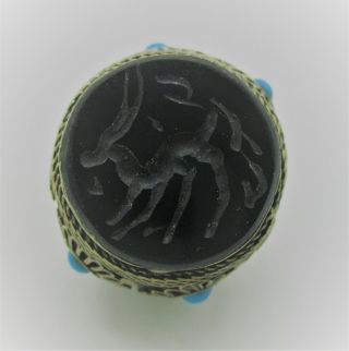 Post Medieval Islamic Ottoman Silver Seal Ring With Black Stone