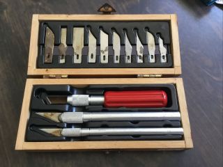 Vintage X - Acto Knife Set 5082 W/ Wood Box 3 Handles & 13 Blades