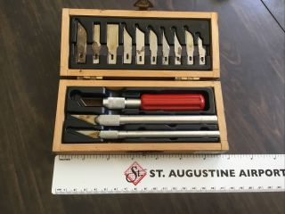 Vintage X - ACTO Knife Set 5082 w/ Wood Box 3 Handles & 13 Blades 3