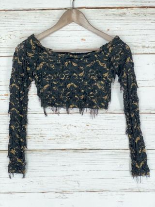 Vintage Contempo Casuals Crop Top Womens Sz Small Black Gold Fringe Long Sleeve