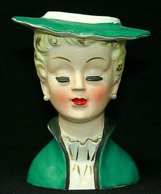 Vintage Napco Japan 5 " Lady Head Vase A5120,  Green Dress Hat Vguc