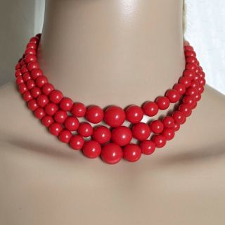 Vintage Signed Japan 3 Strand Red Lucite Graduated Bead Choker Necklace Retro