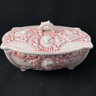 Italian Ceramic Trinket Dish With Lid And Cameo Heads Pink Made In Italy Vintage