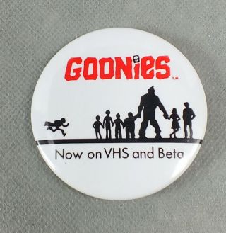 Vintage 1986 Goonies The Movie Now On Vhs And Beta Promo Pinback Button