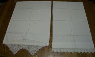 2 Vintage White Pillowcase W/ Hand Crocheted Inserts - 22 " X 31 " & 19 " X 33 "