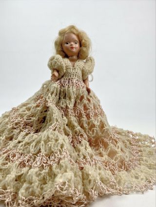 Vintage 7 " Plastic Doll Sleepy Eyes Crocheted Ooak Linen Underskirt