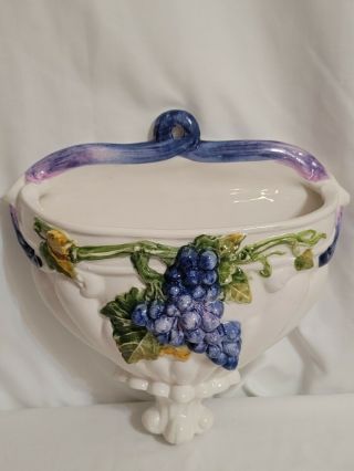 Ceramic Hanging Wall Pocket Planter Sculpted Grapes Hand Painted Italy