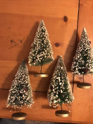 (4) Vintage Miniature Bottle Brush Christmas/winter Trees,  With Glass Ornaments