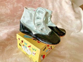 Antique Victorian Baby Doll Boots High Top Shoes Black & White Leather Button Up