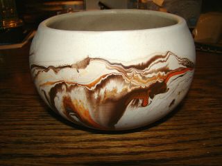 Nemadji Usa Art Pottery Pot Vase Brown And Orange Swirls 7 " Wide 4 " Tall
