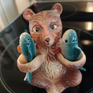 Vintage Bear With Fish Salt And Pepper Shakers