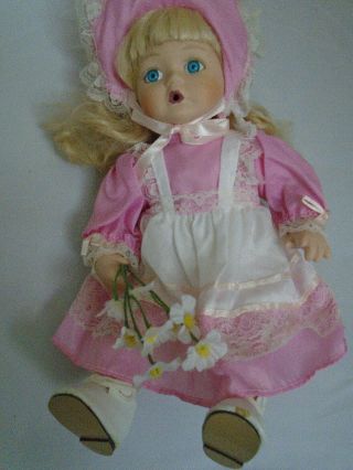 Vintage Sitting Porcelain Doll Pink White Dress Blonde Girl