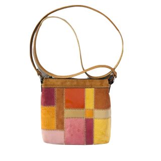 Fossil Crossbody Bag Vintage Multi Color Earth Tone Leather Patchwork Stitch