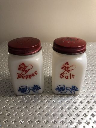 Milk Glass Salt & Pepper Shakers Top Hats Red & Blue Vintage Made In Usa