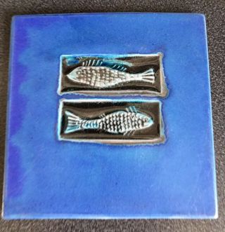 Michael Cohen Signed Fish Plate Tile Cobalt Blue Stoneware Handmade