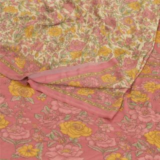 Sanskriti Vintage Cream Sarees Moss Crepe Printed Sari 5yd Sewing Fabric