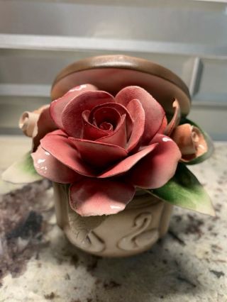Vintage Capodimonte Trinket Box Rose Centerpiece Swans Made In Italy