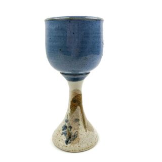 Vtg Handmade Signed Art Pottery Ceramic Goblet Chalice Cup Blue Earth Tones