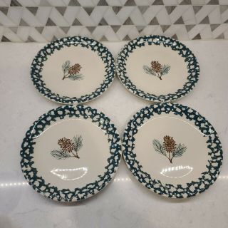 Tienshan Folk Craft Green Pine Cone Salad Plates 7 1/2 " Set Of 4 Sponge Ware