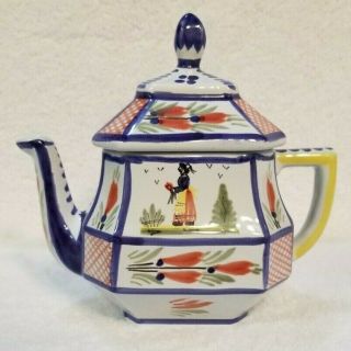 Vintage Hb Henriot Quimper France Soleil Small Teapot With Lid 6 " Tall